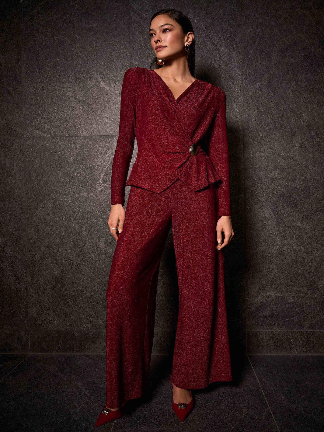 Joseph Ribkoff Lurex Knit Wide-leg Jumpsuit In Deep Cherry 254123-Nicola Ross