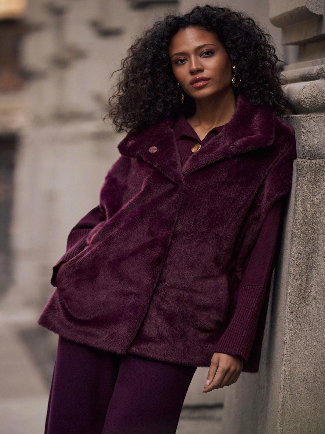 Joseph Ribkoff Luxury Faux Fur Sleeveless Jacket In Elderberry 263918-Nicola Ross