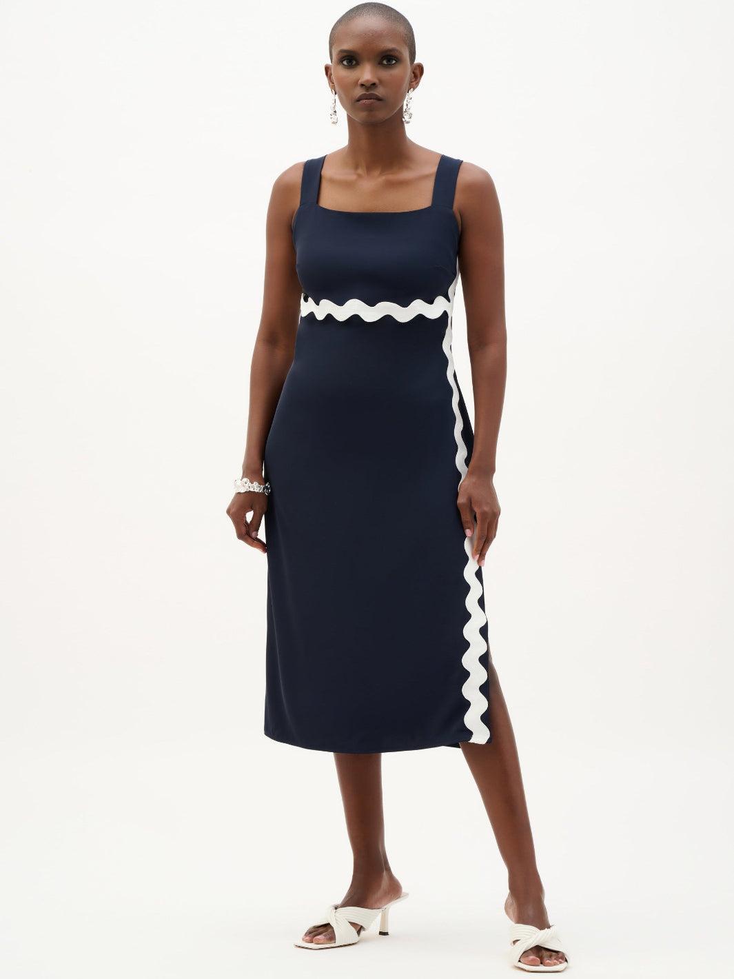 Joseph Ribkoff Midi A-line Dress In Midnight Blue/White 262230-Nicola Ross