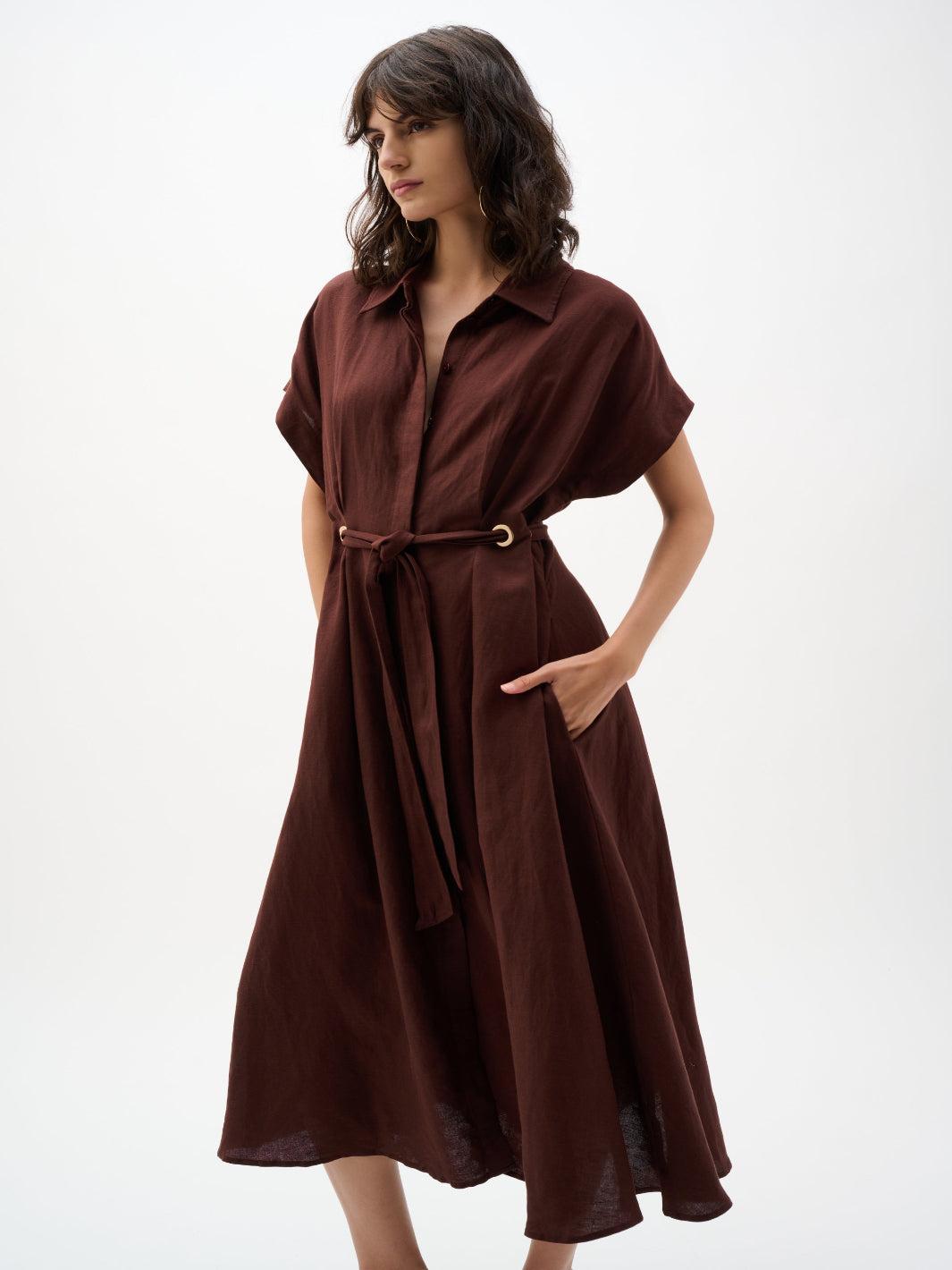 Joseph Ribkoff Midi Belted Shirt Dress In Mahogony 262907-Nicola Ross