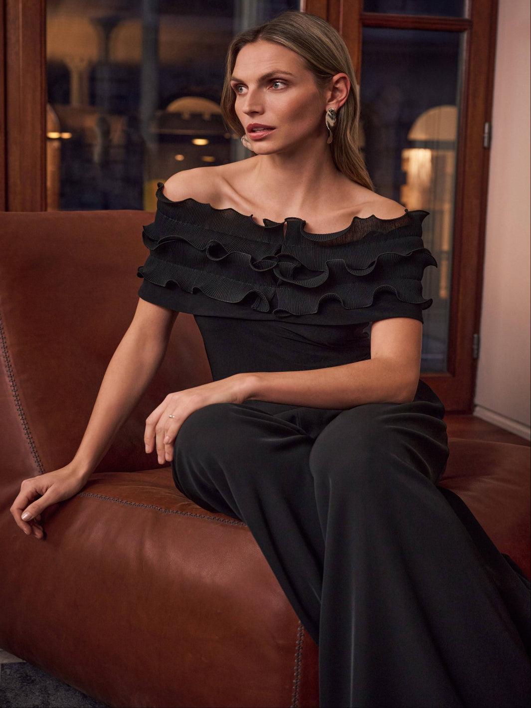 Joseph Ribkoff Off-Shoulder Ruffle Top In Black 263197-Nicola Ross