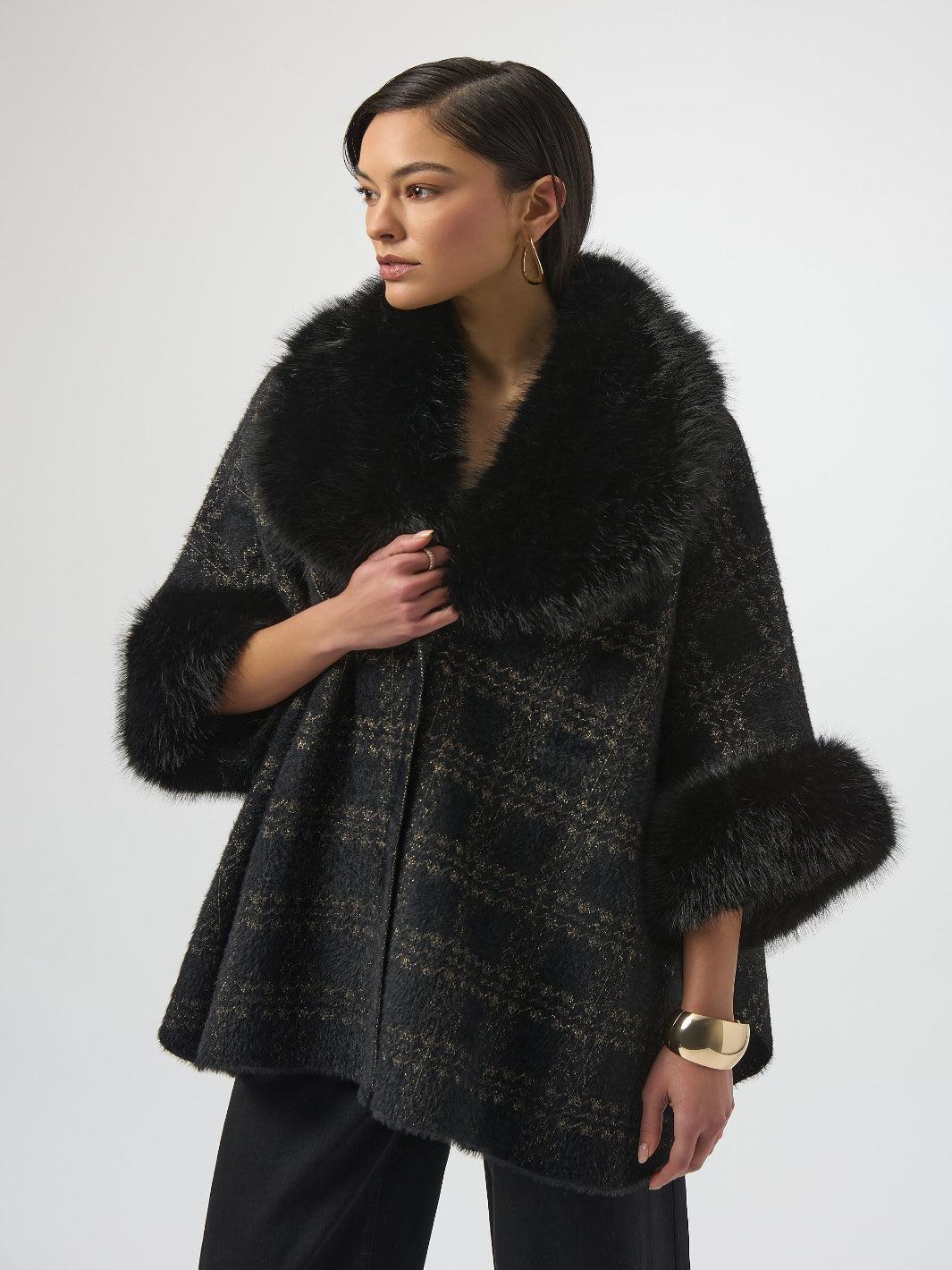 Joseph Ribkoff Plaid Fur Collar Coat In Black/Gold 254934-Nicola Ross