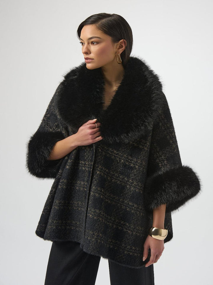 Joseph Ribkoff Plaid Fur Collar Coat In Black/Gold 254934-Nicola Ross