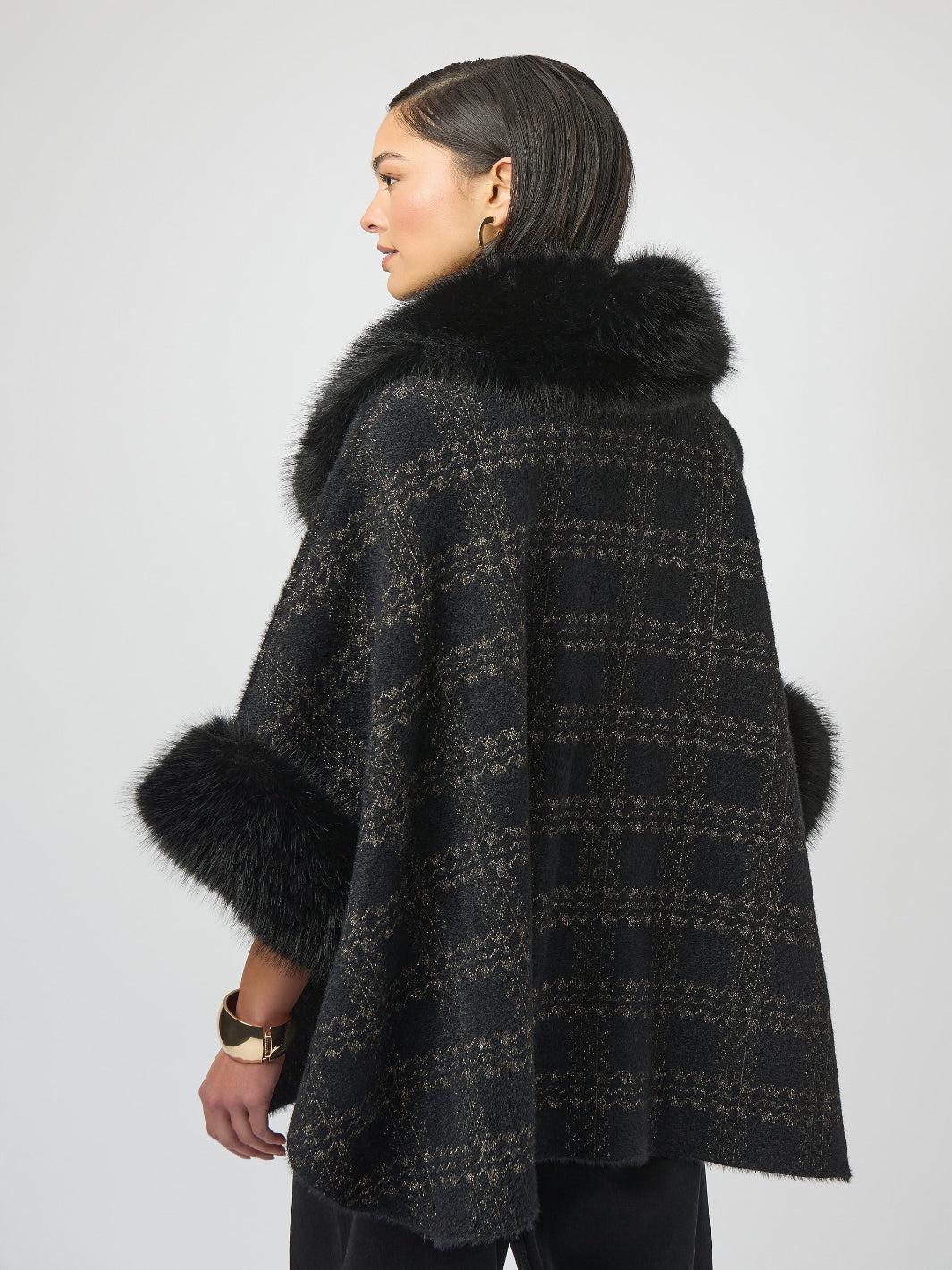 Joseph Ribkoff Plaid Fur Collar Coat In Black/Gold 254934-Nicola Ross