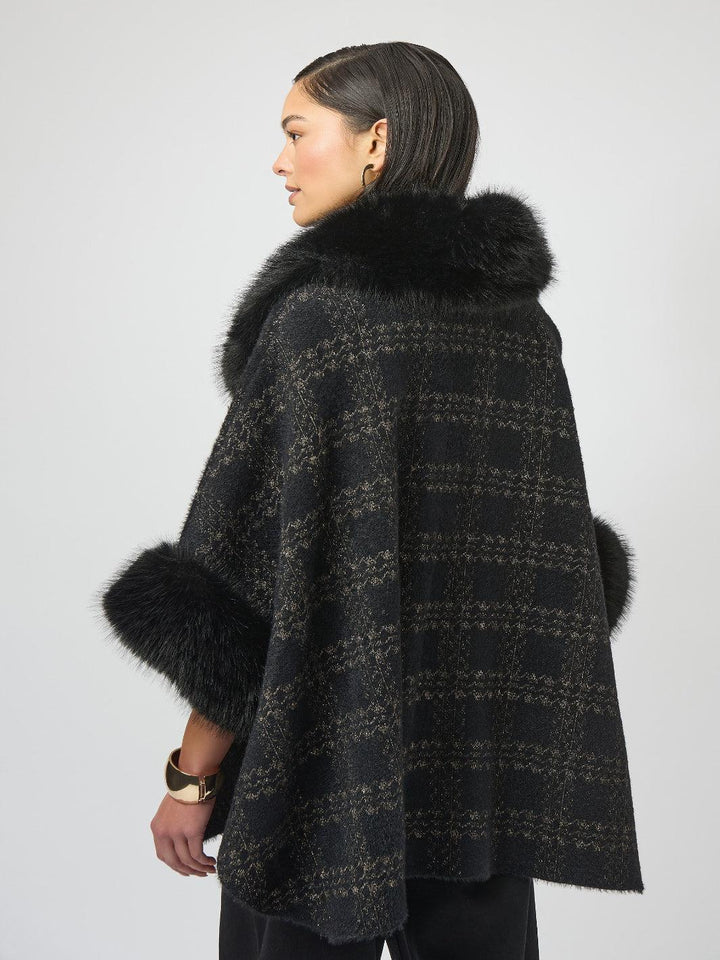 Joseph Ribkoff Plaid Fur Collar Coat In Black/Gold 254934-Nicola Ross