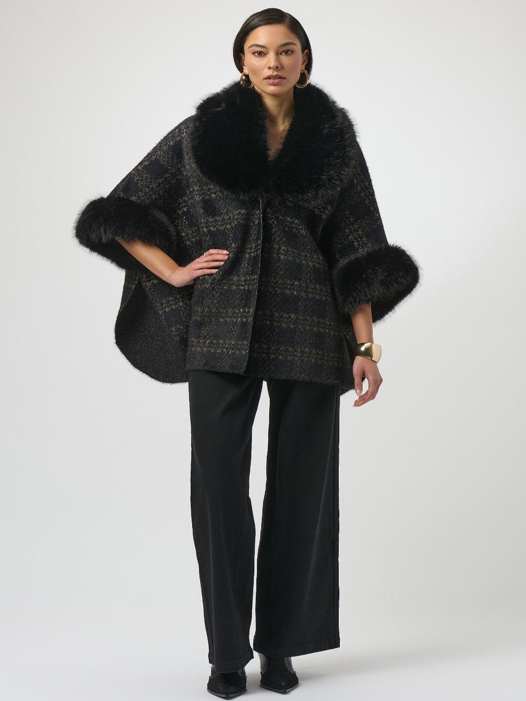 Joseph Ribkoff Plaid Fur Collar Coat In Black/Gold 254934-Nicola Ross