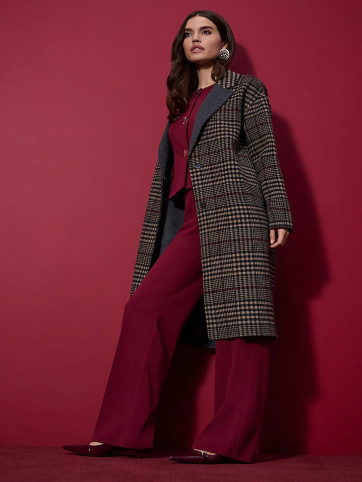 Joseph Ribkoff Plaid Long Overcoat In Camel/Multi 253946-Nicola Ross