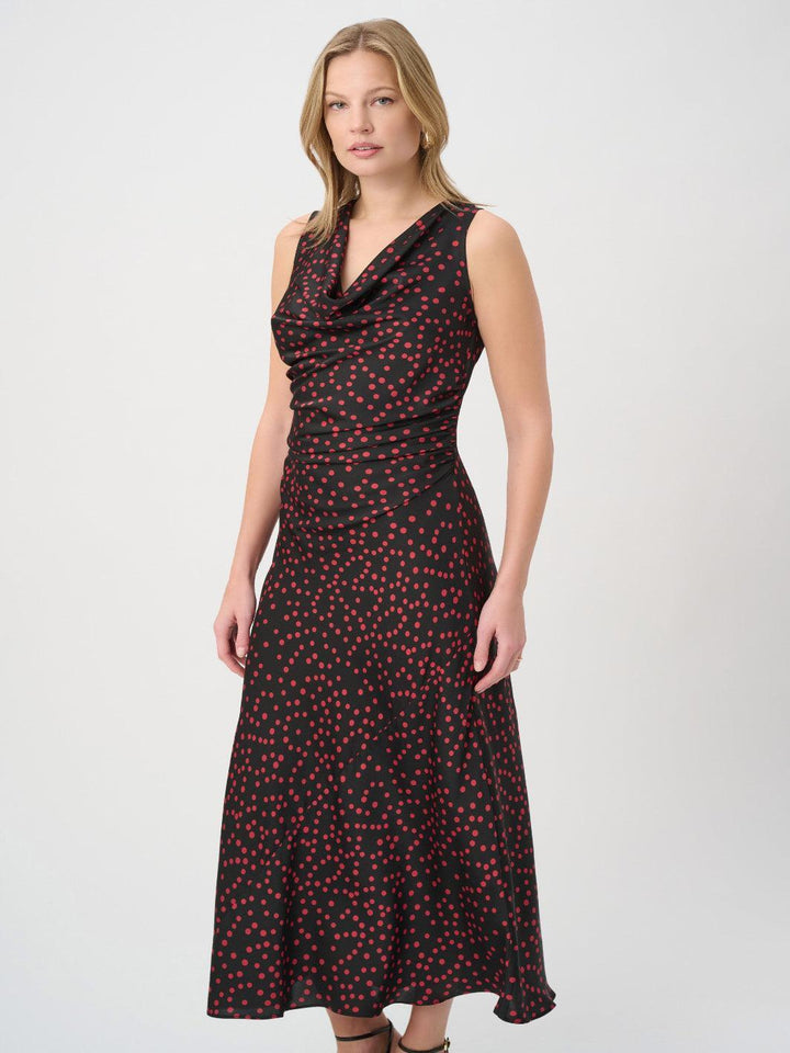 Joseph Ribkoff Polka Dot Satin Midi Dress In Black/Cherry 264210-Nicola Ross