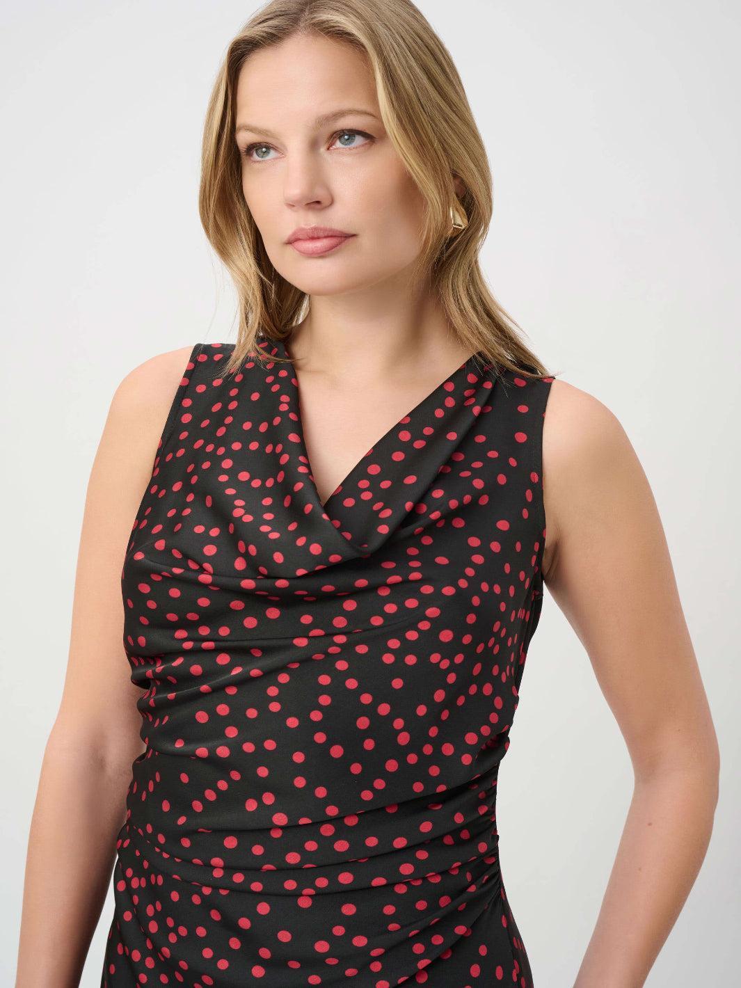 Joseph Ribkoff Polka Dot Satin Midi Dress In Black/Cherry 264210-Nicola Ross