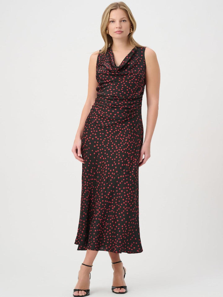 Joseph Ribkoff Polka Dot Satin Midi Dress In Black/Cherry 264210-Nicola Ross