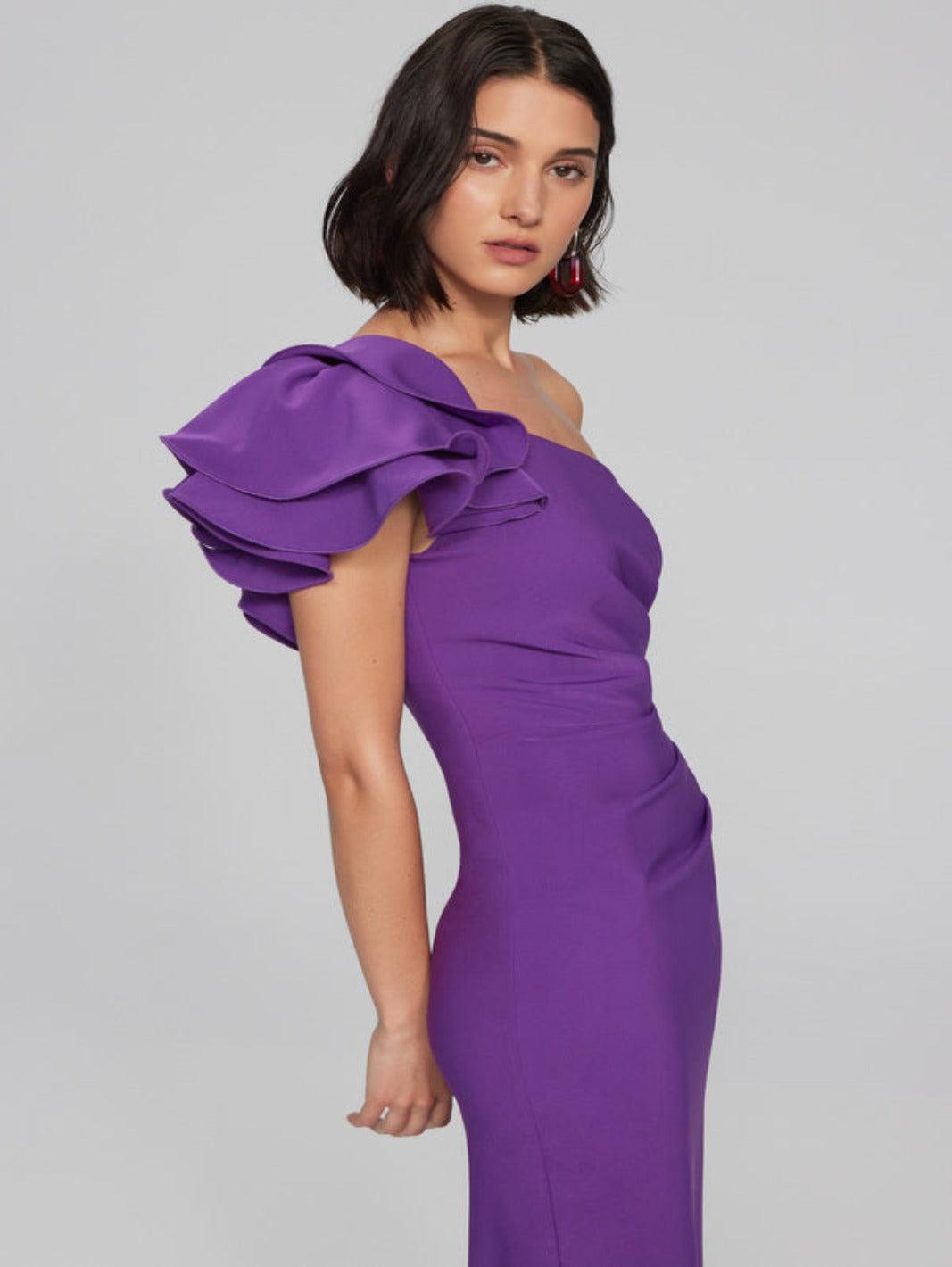 Joseph Ribkoff Ruffle Shoulder Asymmetric Dress In Purple 241755-Nicola Ross