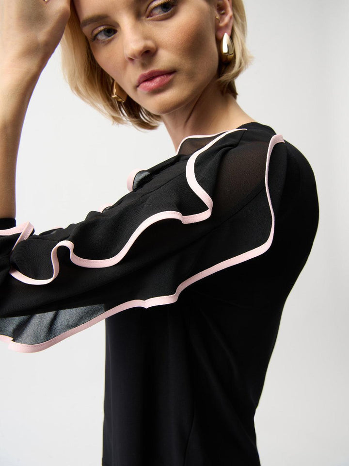 Joseph Ribkoff Ruffled Top In Black/Petal 261009-Nicola Ross