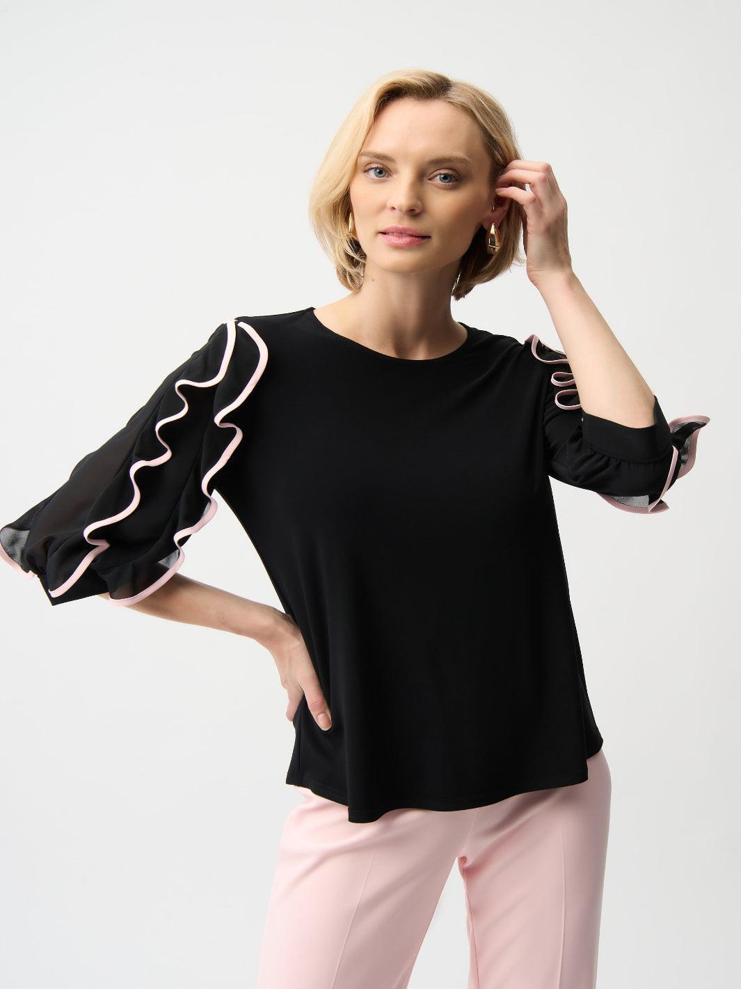 Joseph Ribkoff Ruffled Top In Black/Petal 261009-Nicola Ross