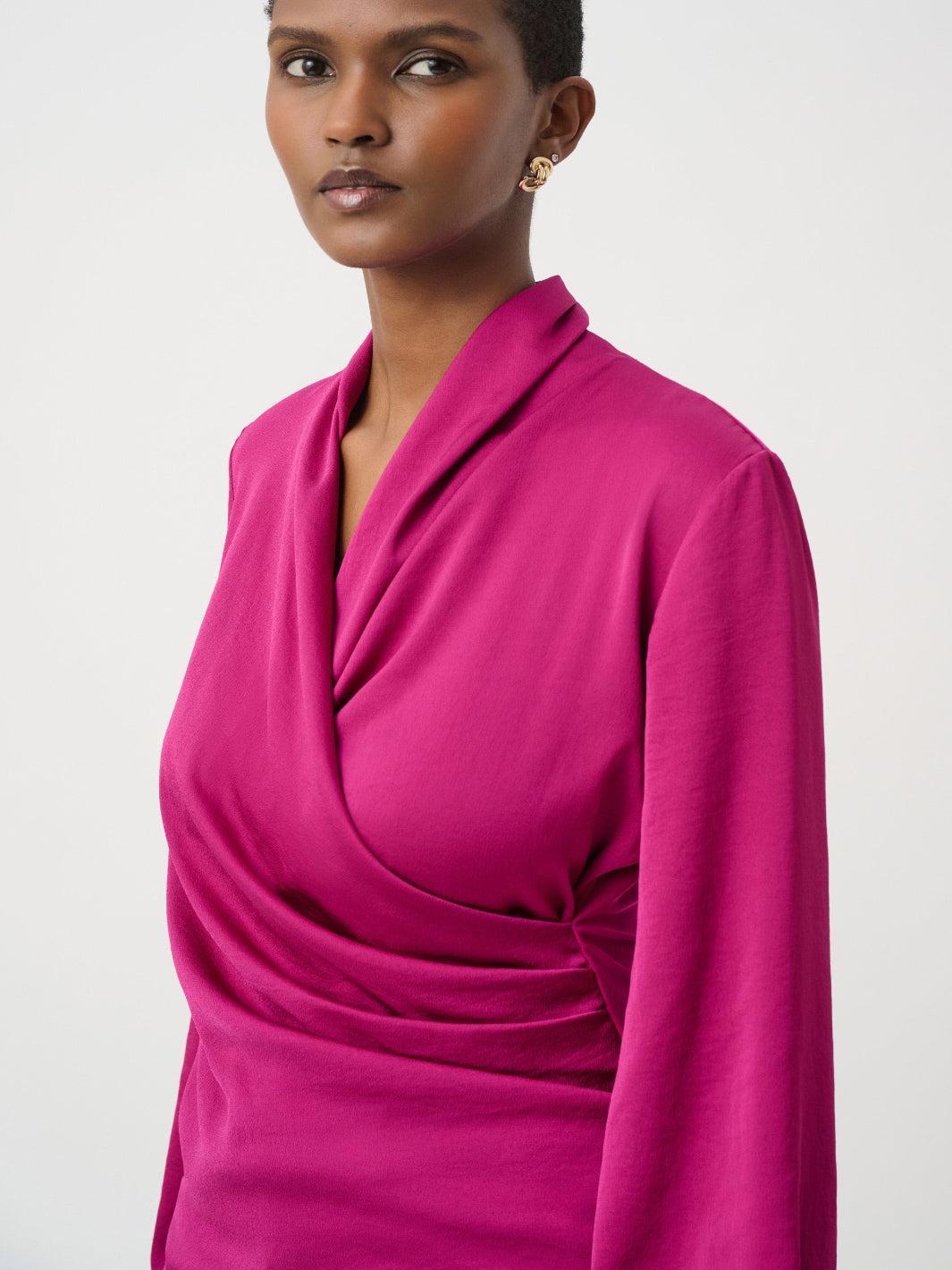 Joseph Ribkoff Satin Faux-Wrap Top In Magenta 264026-Nicola Ross