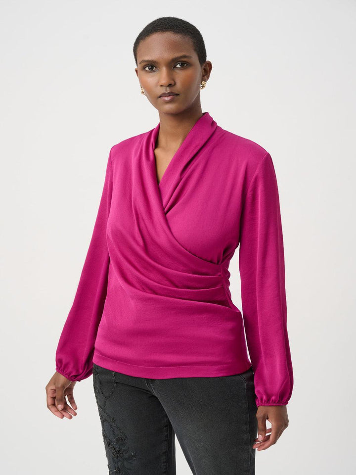 Joseph Ribkoff Satin Faux-Wrap Top In Magenta 264026-Nicola Ross