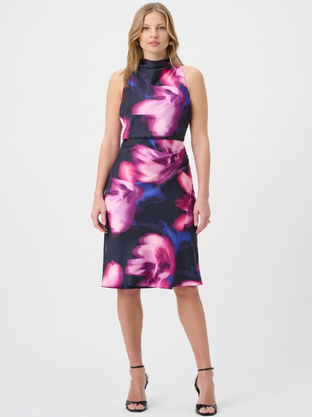 Joseph Ribkoff Satin Midi Dress In Midnight Blue/Multi 264727-Nicola Ross