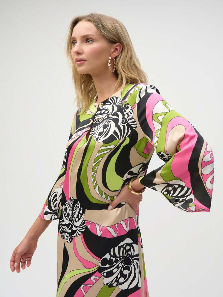Joseph Ribkoff Satin Retro Print Straight Dress In Black/Multi 252183-Nicola Ross