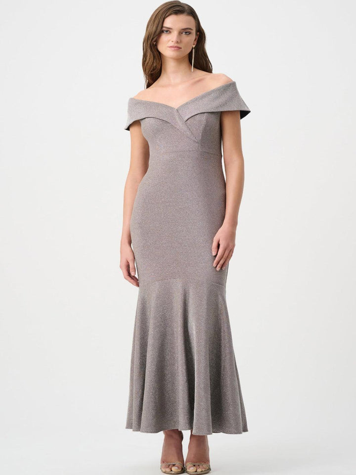 Joseph Ribkoff Shimmer Off Shoulder Dress In Taupe 263728-Nicola Ross