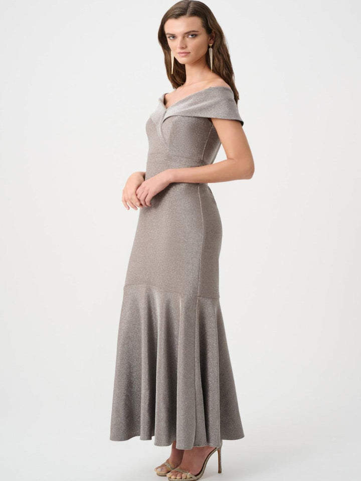 Joseph Ribkoff Shimmer Off Shoulder Dress In Taupe 263728-Nicola Ross