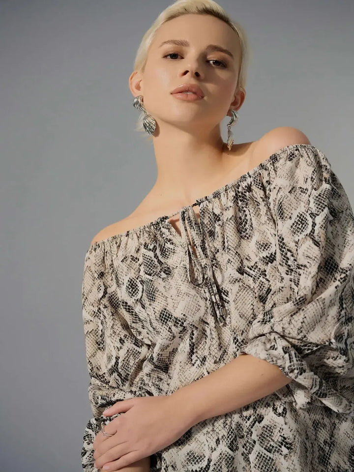 Joseph Ribkoff Snake Print Flared Top In Beige/Multi 252241-Nicola Ross
