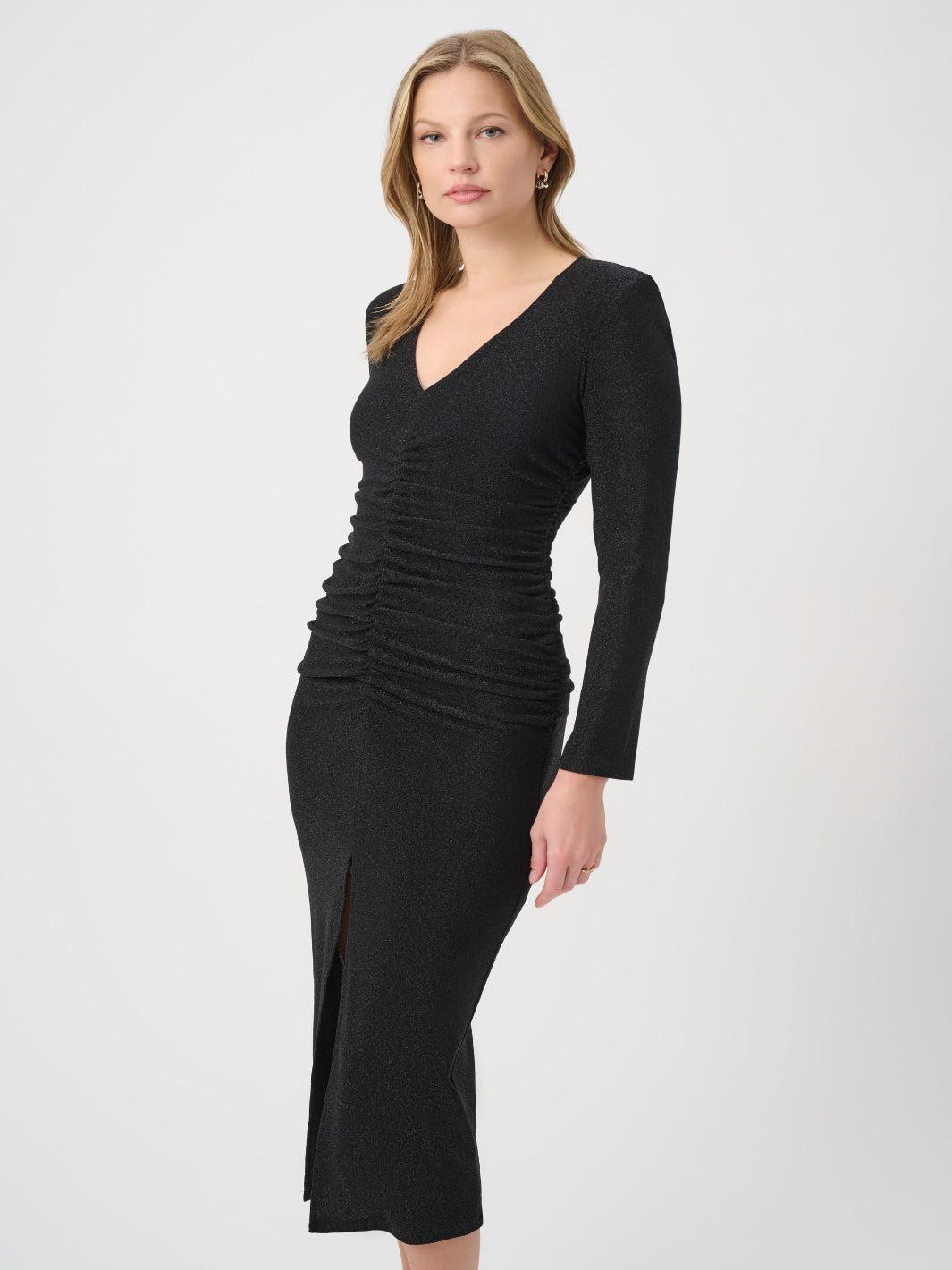 Joseph Ribkoff Sparkle Ruched Midi Dress In Black 264161-Nicola Ross