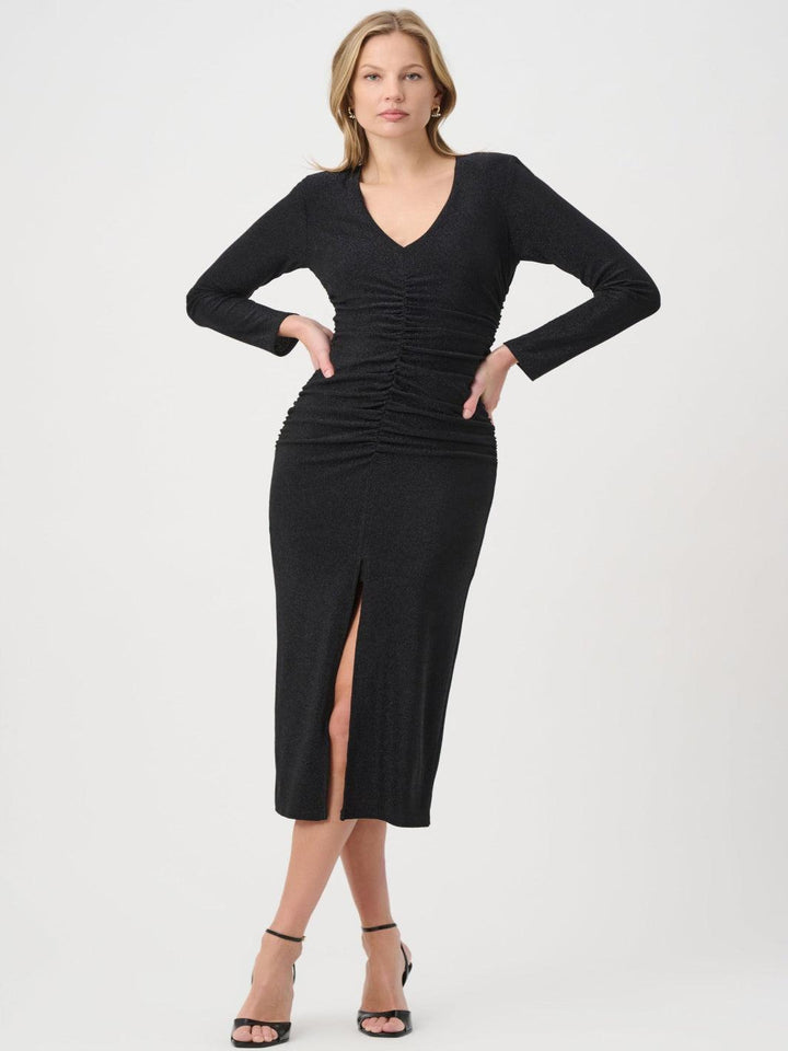 Joseph Ribkoff Sparkle Ruched Midi Dress In Black 264161-Nicola Ross