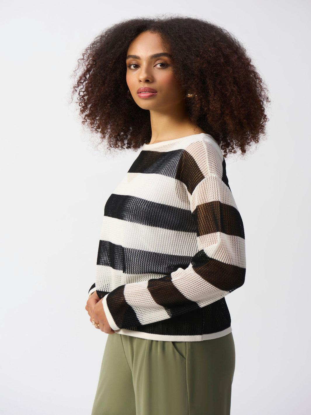 Joseph Ribkoff Striped Casual Boat Neck Pullover Top In Vanilla/Black 251922-Nicola Ross