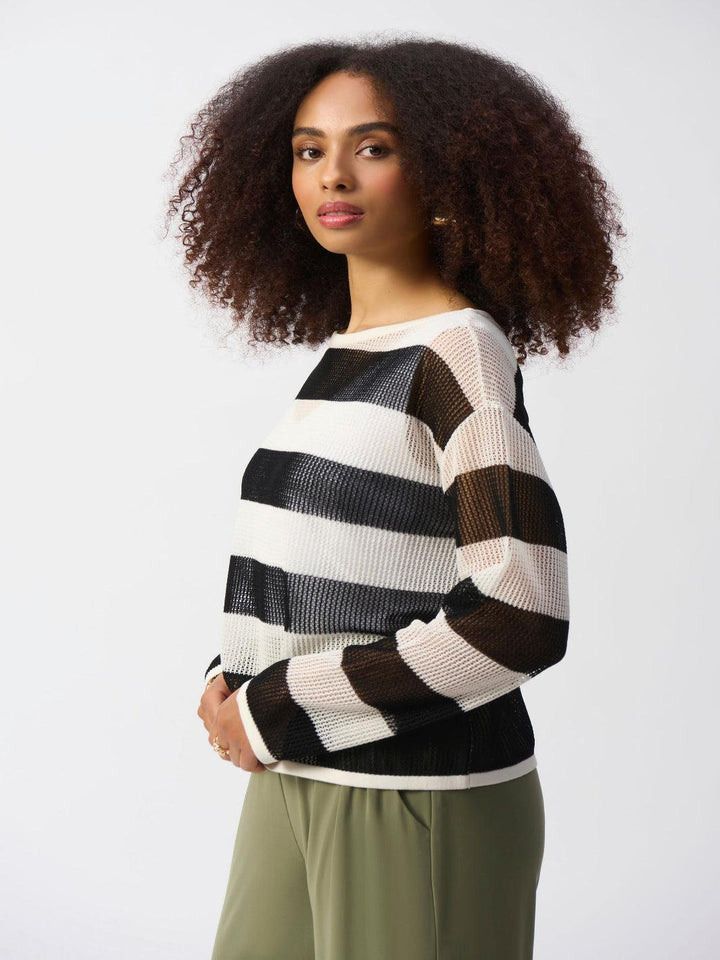 Joseph Ribkoff Striped Casual Boat Neck Pullover Top In Vanilla/Black 251922-Nicola Ross