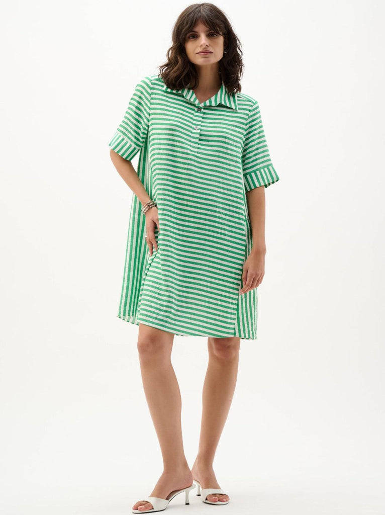 green and white striped mini dress Entro Kelly Green Striped Cotton Button Up Mini Dress main image 1