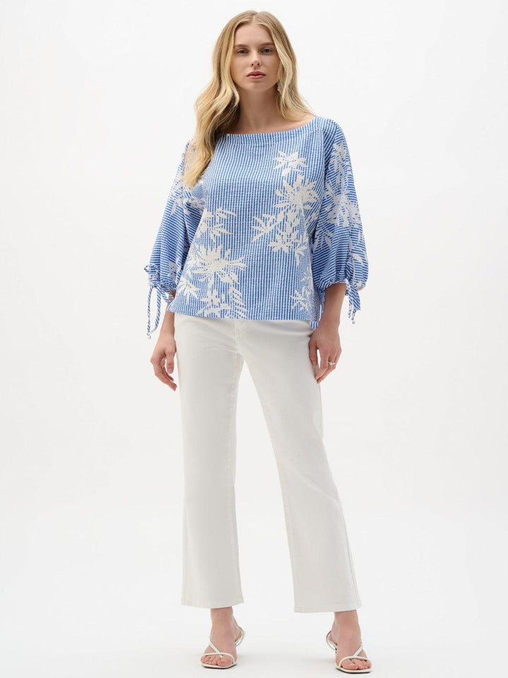 Joseph Ribkoff Striped Top With Puff Sleeves In Blue/Vanilla 262067-Nicola Ross