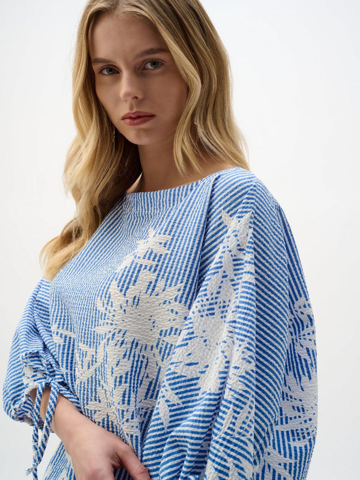 Joseph Ribkoff Striped Top With Puff Sleeves In Blue/Vanilla 262067-Nicola Ross