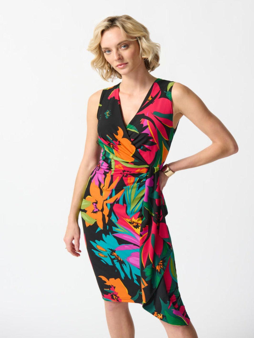 Joseph Ribkoff Tropical Print Wrap Front Dress In Black/Multi 242012-Nicola Ross