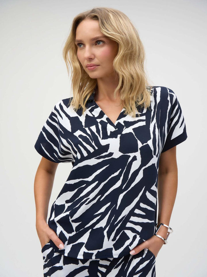 Joseph Ribkoff V-neck Abstract Pullover In Vanilla/Midnight Blue 252146-Nicola Ross