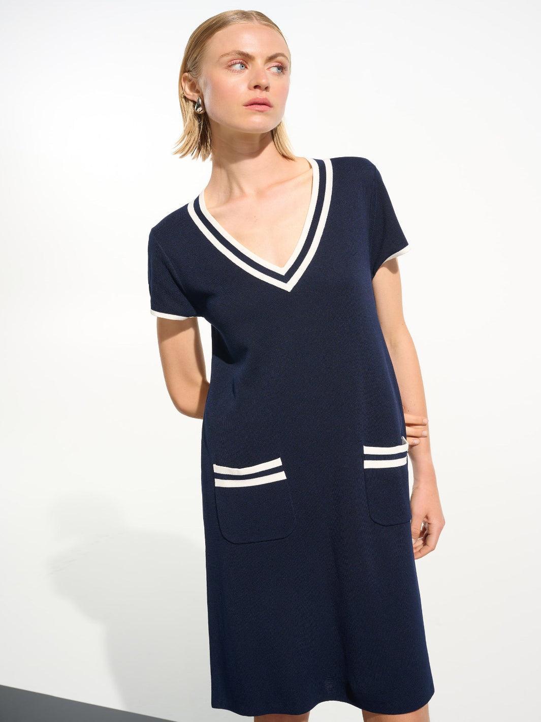Joseph Ribkoff V-neck Shift Dress In Indigo/Vanilla 261648