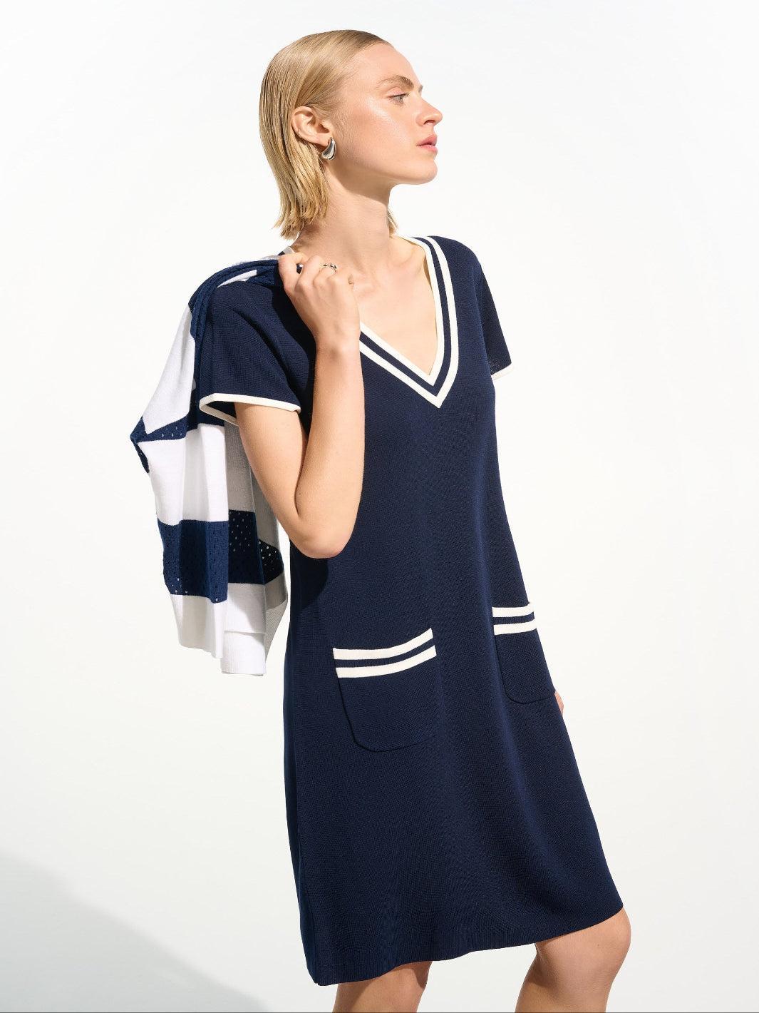 Joseph Ribkoff V-neck Shift Dress In Indigo/Vanilla 261648 – Nicola Ross