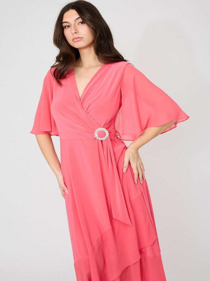 Joseph Ribkoff V-neck Wrap Midi Dress In Coral 261714-Nicola Ross