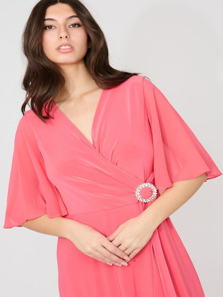 Joseph Ribkoff V-neck Wrap Midi Dress In Coral 261714-Nicola Ross