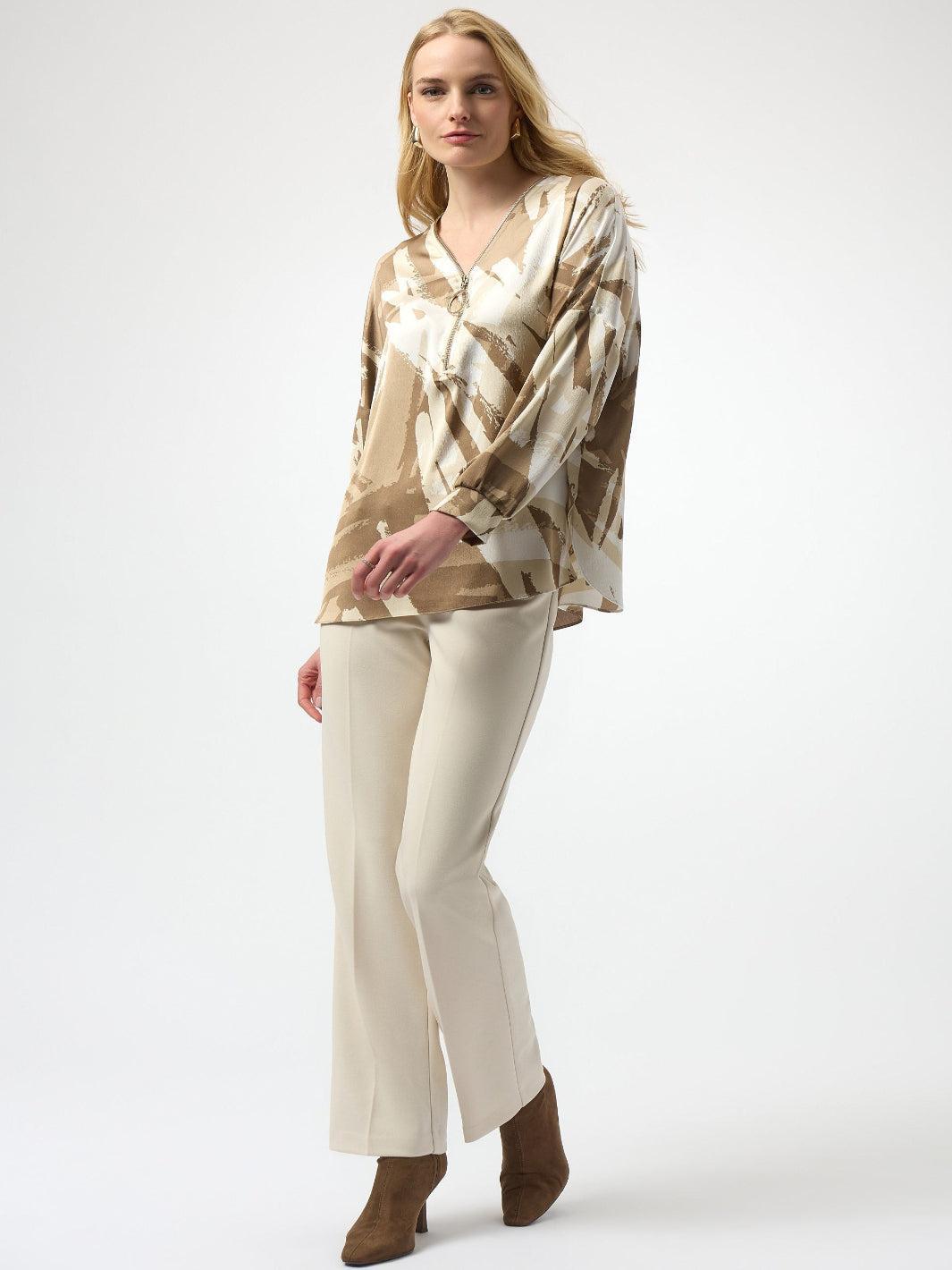 Joseph Ribkoff V-neck Zipper Top In Beige/Off White 254193-Nicola Ross