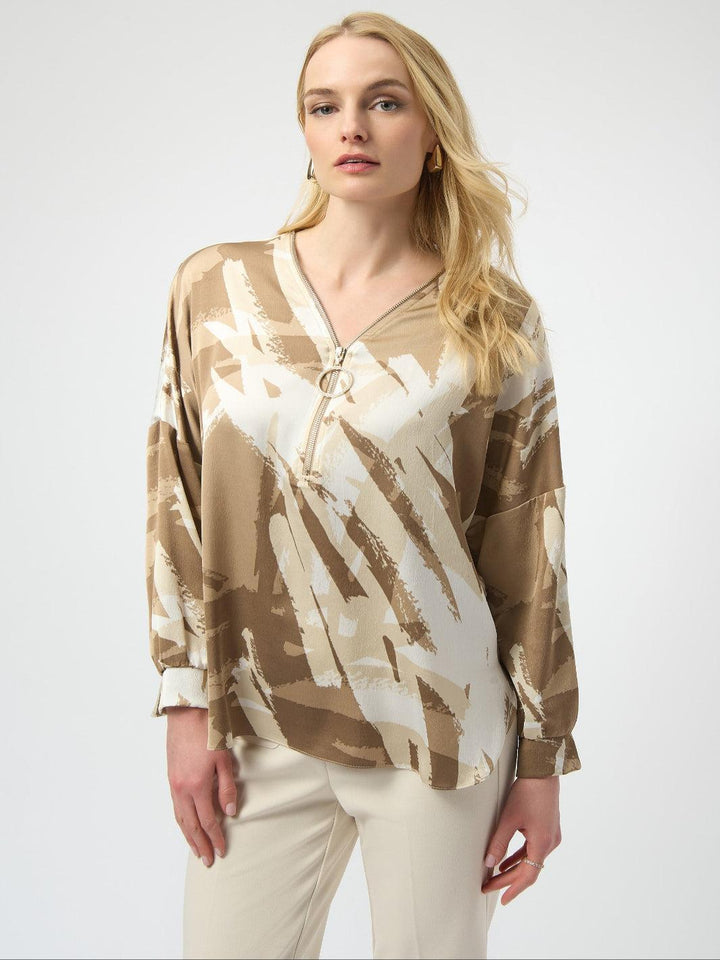 Joseph Ribkoff V-neck Zipper Top In Beige/Off White 254193-Nicola Ross