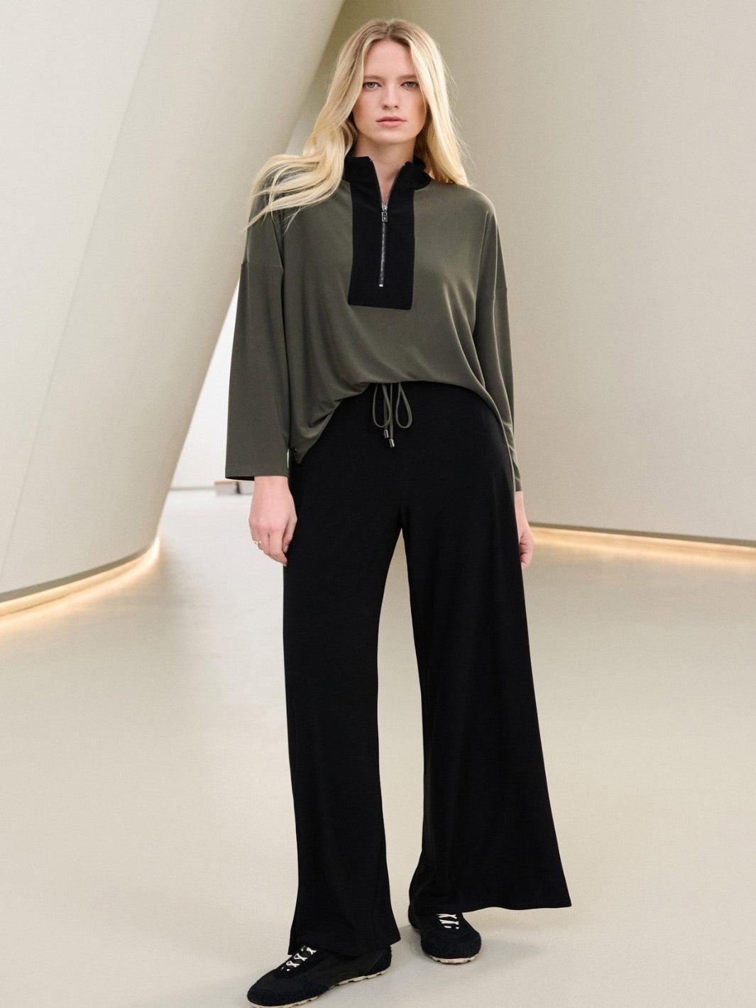 Joseph Ribkoff Wide Leg Lounge Trousers In Black/Avocado 263607-Nicola Ross