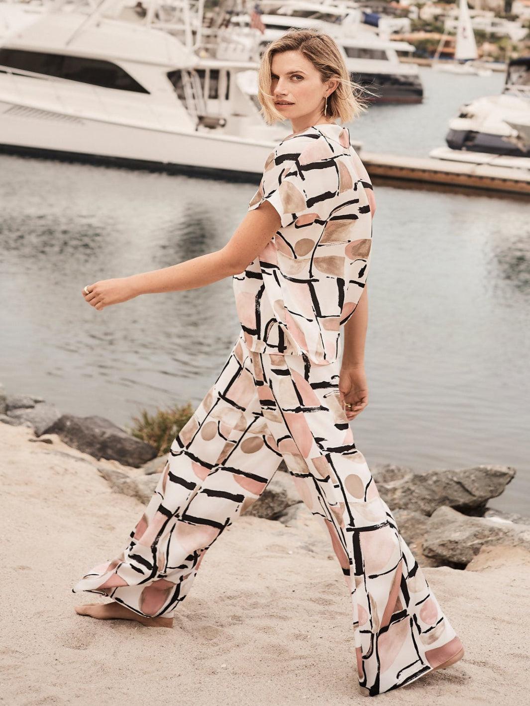 AmazingCRE 26SS新作Dual Play Knit OnePiece Joseph Ribkoff Wide-leg Abstract Trousers In Vanilla/Multi 261198