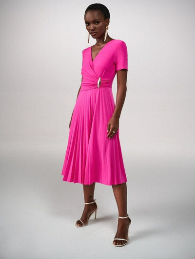 Joseph Ribkoff Wrap Front Pleated Dress In Pink 241013-Nicola Ross