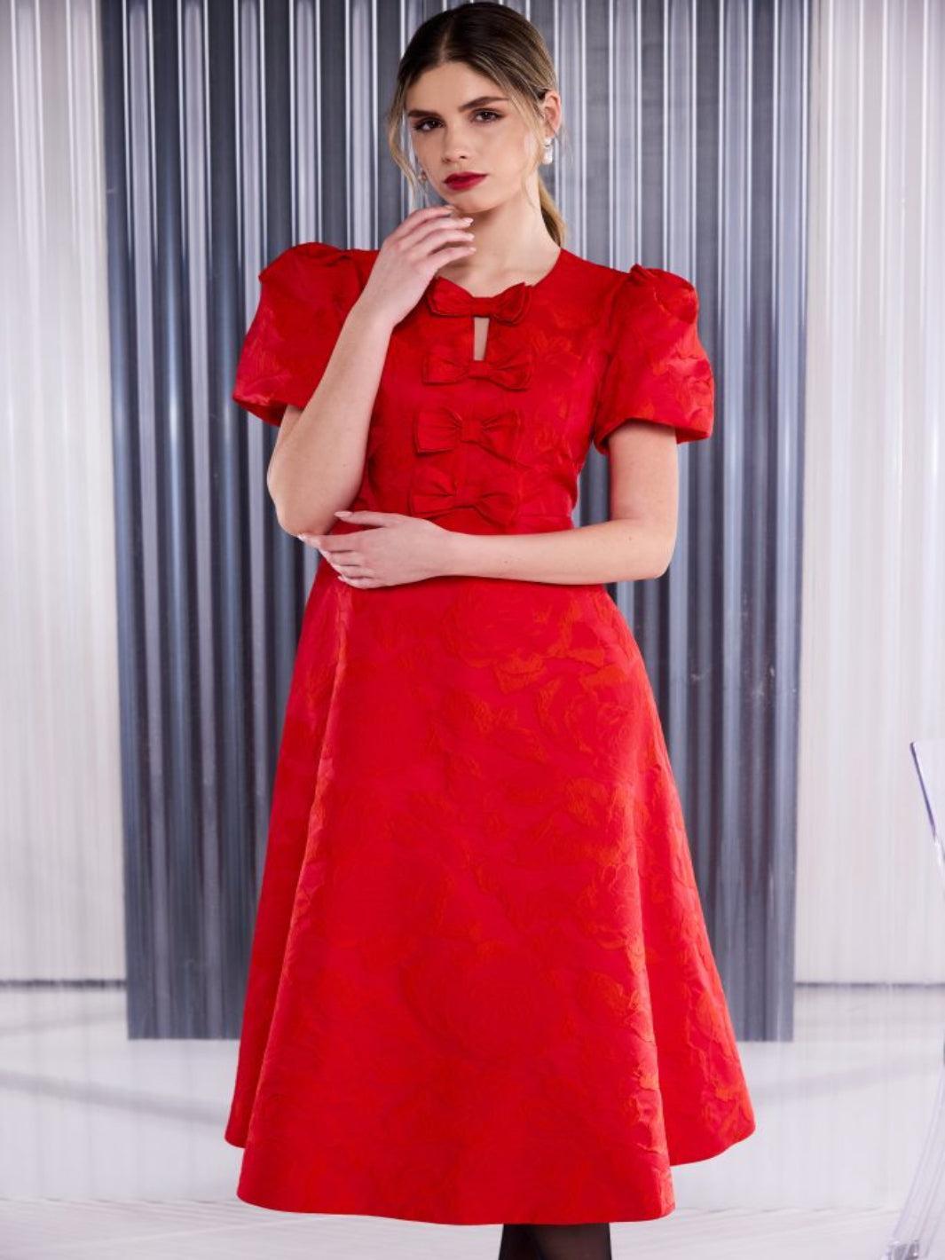 Kate Cooper Bow Midi Dress In Red-Nicola Ross