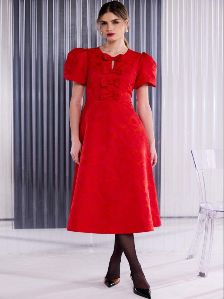 Kate Cooper Bow Midi Dress In Red-Nicola Ross