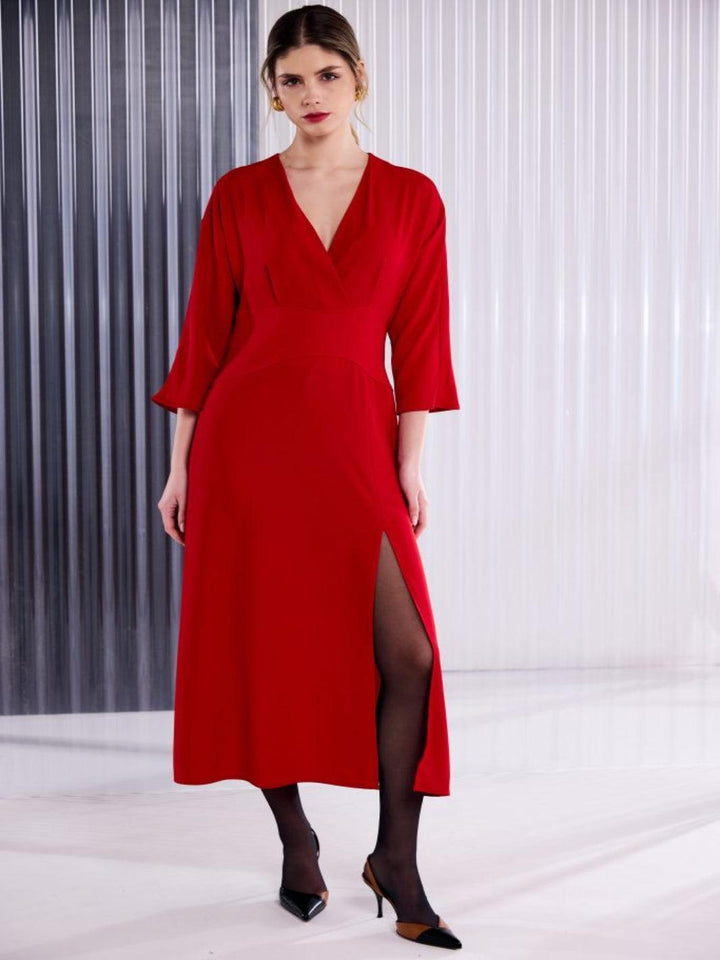 Kate Cooper Wrap Over Midi Dress In Red-Nicola Ross