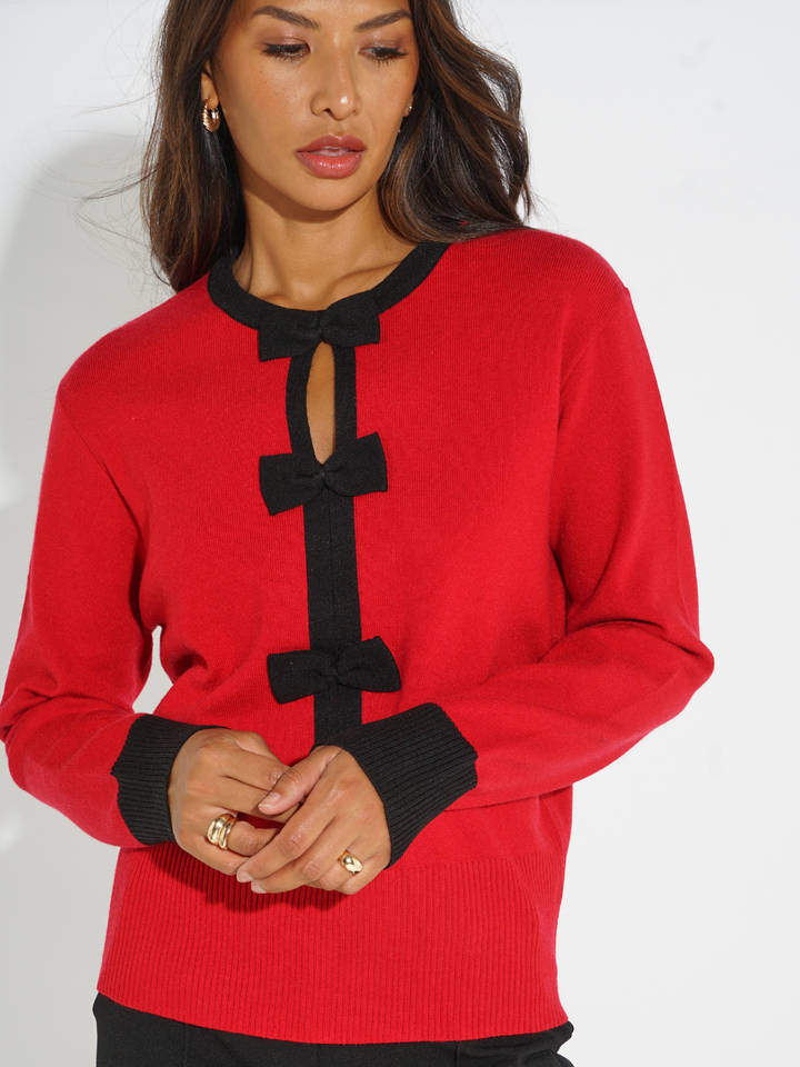 Kate & Pippa Aspen Bow Knit In Red-Nicola Ross