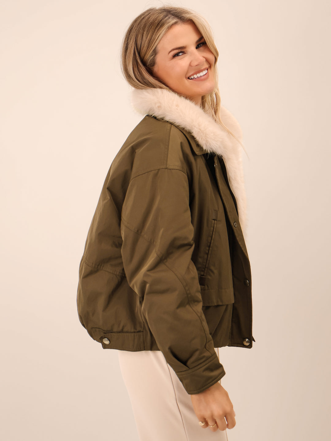 Kate & Pippa Aspen Detachable Fur Collar Jacket In Khaki-Nicola Ross