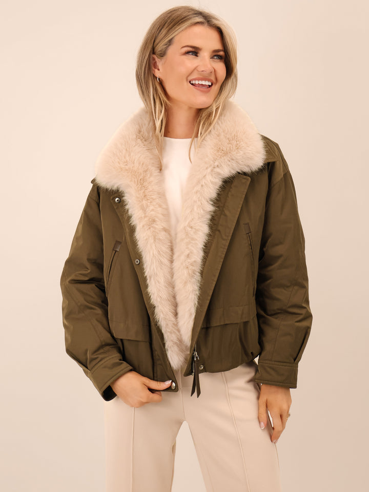 Kate & Pippa Aspen Detachable Fur Collar Jacket In Khaki-Nicola Ross