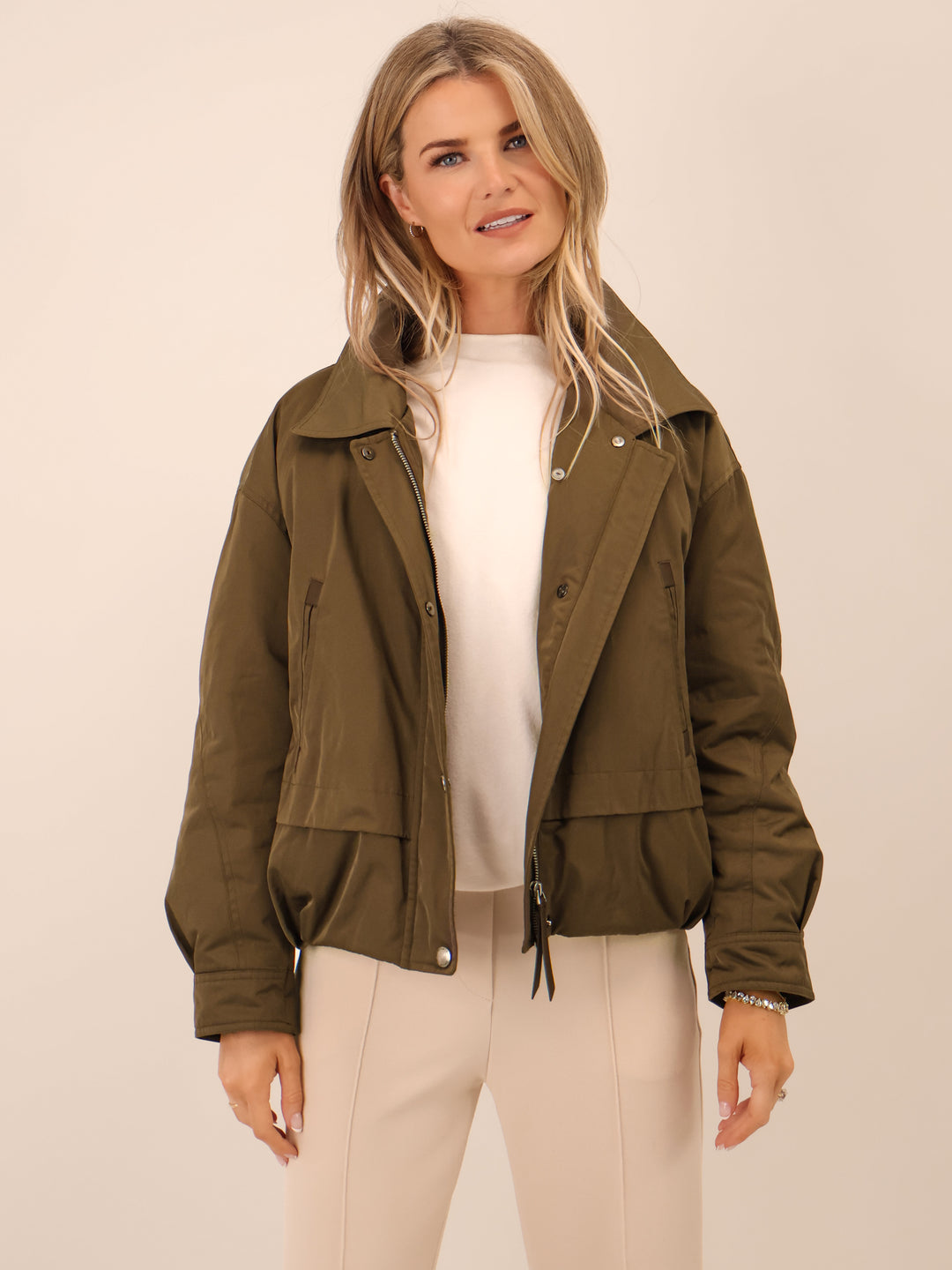 Kate & Pippa Aspen Detachable Fur Collar Jacket In Khaki-Nicola Ross