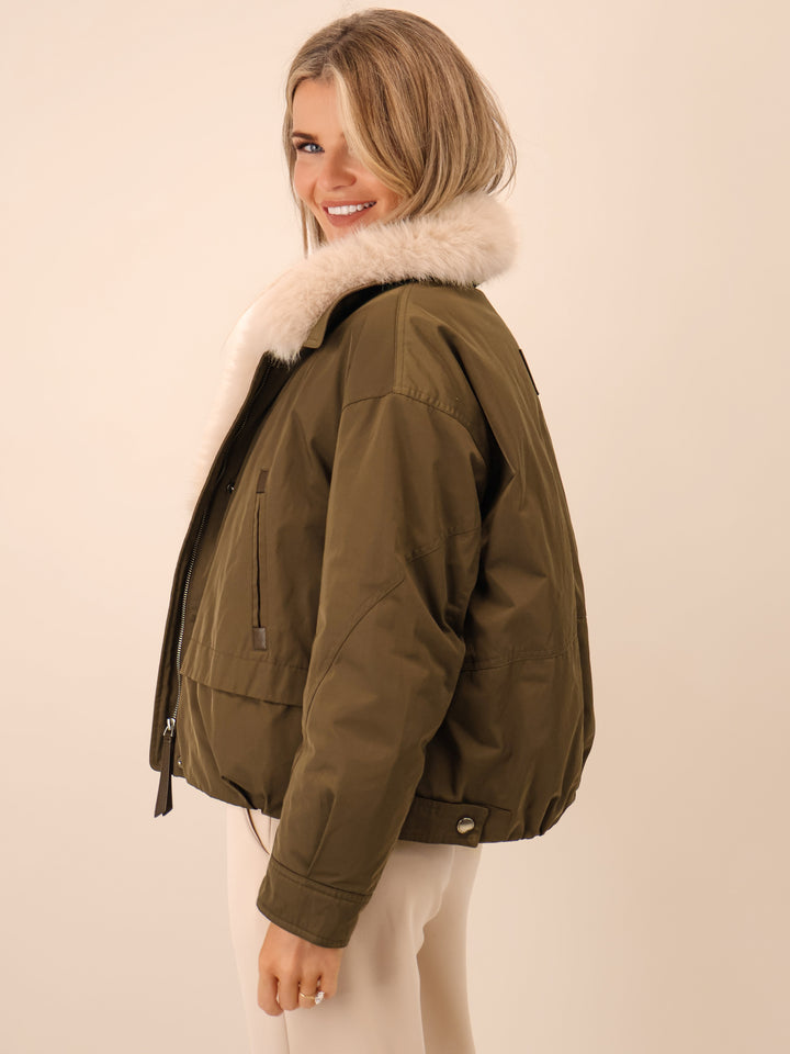 Kate & Pippa Aspen Detachable Fur Collar Jacket In Khaki-Nicola Ross
